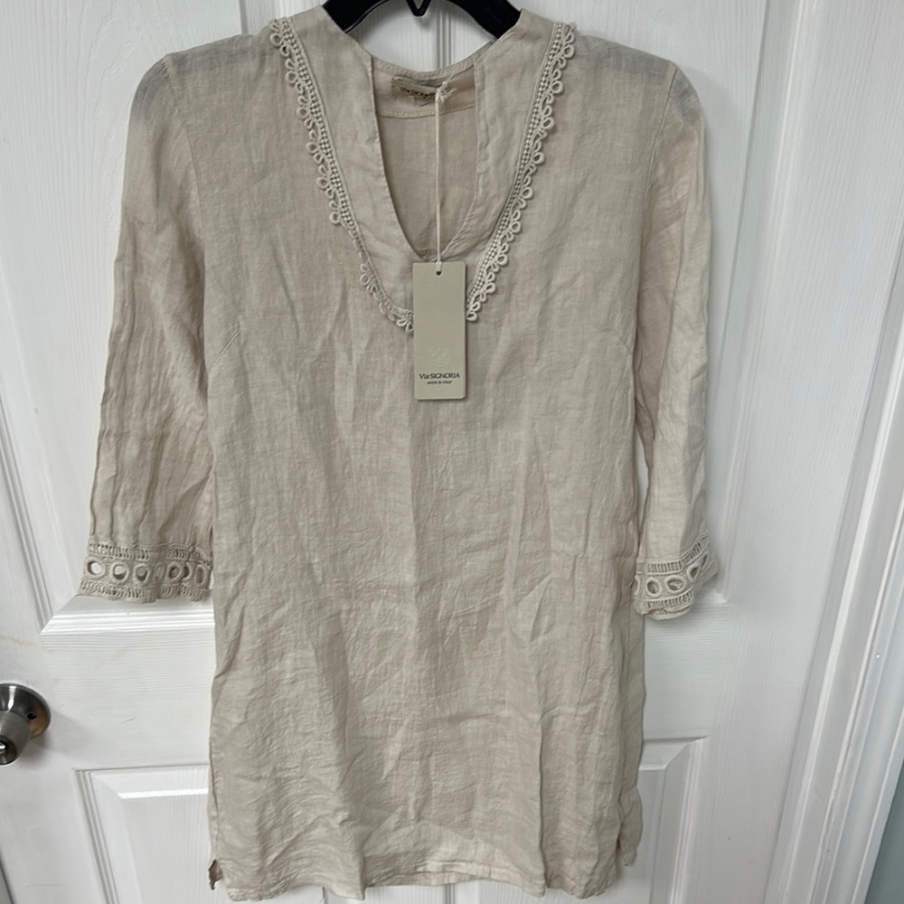 Tan Cream 3/4 Sleeve Relaxed Linen Tunic